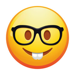 A quirky emoji nerd face with oversized glasses and a big smile, radiating intelligence and playfulness in bright yellow colors.