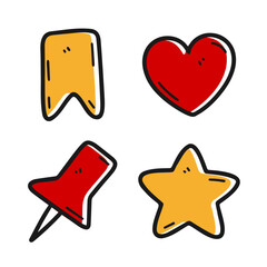 A playful set of hand drawn doodle icons including a bookmark, heart, pin, and star. Ideal for web design, app interfaces, and social media elements. Simple and charming illustrations