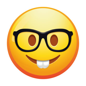 Naklejki A quirky emoji nerd face with oversized glasses and a big smile, radiating intelligence and playfulness in bright yellow colors.