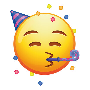 Naklejki A festive partying emoji face with a party hat and blowing confetti, expressing joy and celebration with bright yellow colors.
