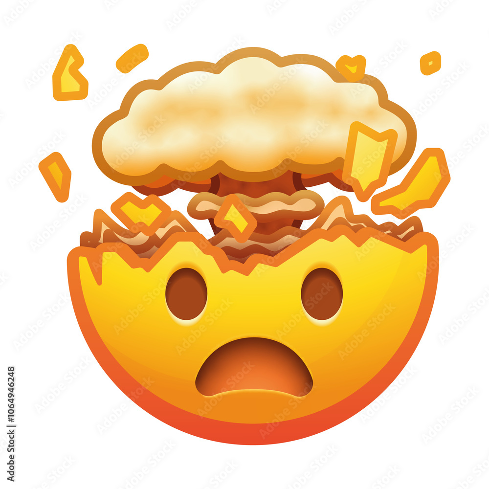 Poster an exploding head emoji, showcasing a face with an open mouth and bursting brains, expressing shock 
