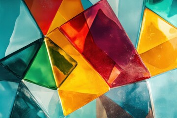 Fototapeta premium Colorful layered glass shapes over a turquoise backdrop. Playful geometric composition resembling a kaleidoscope of colors and light