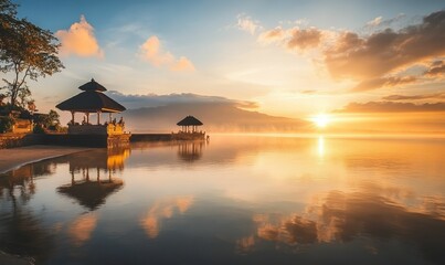 Fototapeta premium Golden sunrise over calm water with pavilions.