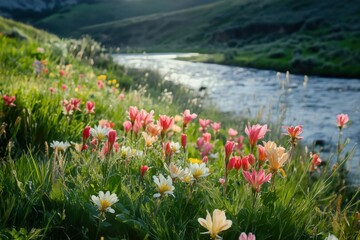 Fototapeta premium Bright spring flowers blooming along a peaceful riverbank, soft green grass stretching toward rolling hills, warm sunlight casting soft highlights on colorful petals