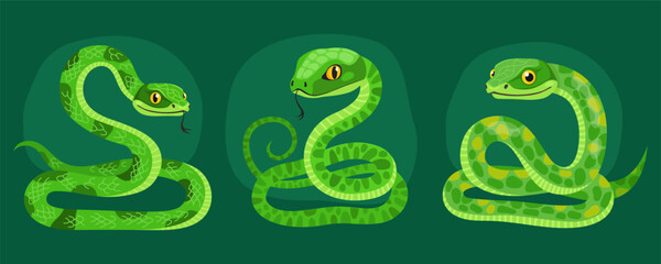 Collection of cute green snakes on dark green background. Reptile, animal, zodiac cartoon character, mascot, symbol of the year. Curved spotted snakes. New Year of the Snake.