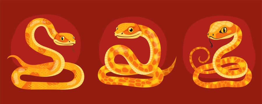 Collection of cute yellow snakes on red background. Reptile, animal, zodiac cartoon character, mascot, symbol of the year. Curved spotted snakes. New Year of the Snake.