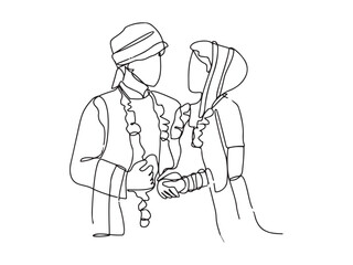One continuous line drawing of Indian wedding ceremony vector illustration bride complete with wedding costume design illustration simple linear style vector concept. Indian design vector.
