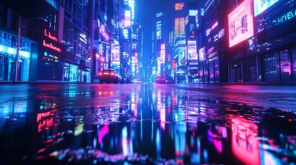 Naklejka premium Vibrant city street illuminated by neon lights and reflections after rain at night