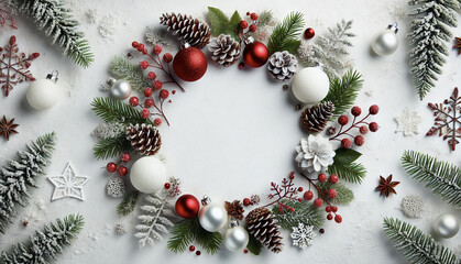 Christmas white background with Christmas balls and decorations in a circle in the shape of a wreath