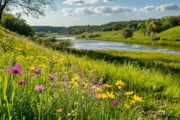 Fototapeta premium Bright spring flowers blooming along a peaceful riverbank, soft green grass stretching toward rolling hills, warm sunlight casting soft highlights on colorful petals