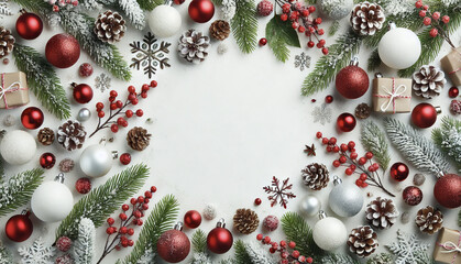 Christmas white background with Christmas balls and decorations in a circle in the shape of a wreath