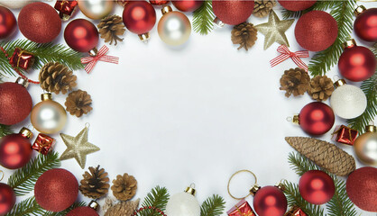 Christmas white background with Christmas balls and decorations in a circle in the shape of a wreath
