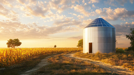 A modern grain silo with solar panels, blending technology and tradition for Thanksgiving.