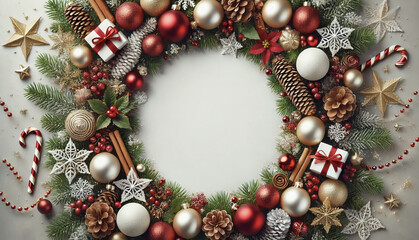 Christmas white background with Christmas balls and decorations in a circle in the shape of a wreath