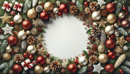Christmas white background with Christmas balls and decorations in a circle in the shape of a wreath