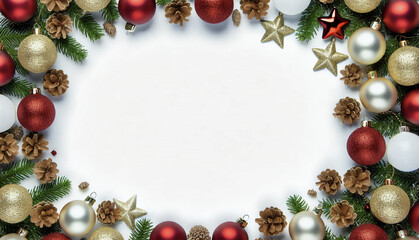 Christmas white background with Christmas balls and decorations in a circle in the shape of a wreath