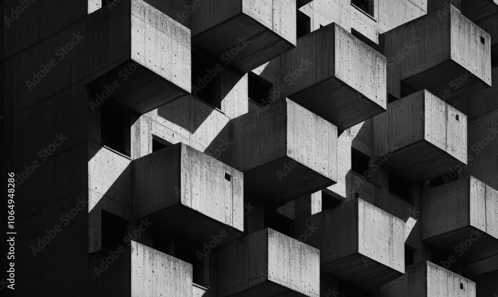 Poster brutalist apartment complex with repetitive, modular design, featuring deep shadows and harsh concre
