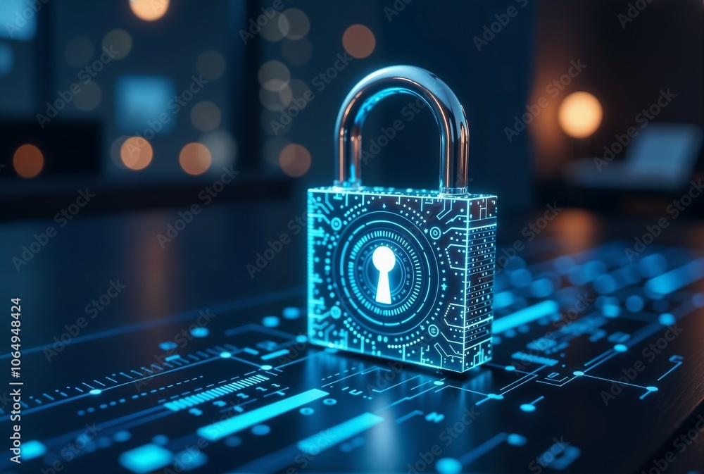 Poster a digital padlock is currently resting on top of a computer keyboard