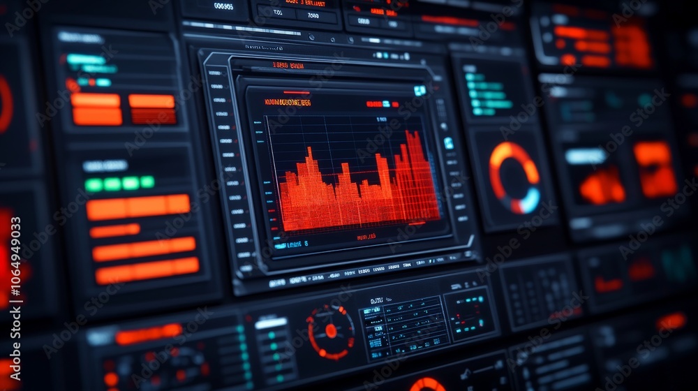 Poster cybernetic dashboard: a futuristic, high-tech interface with a prominent red graph, showcasing data 