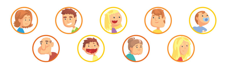 People Head and Face Avatar in Round Frame Vector Set