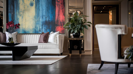 Elegant living room featuring a white sofa with decorative pillows, a stylish black coffee table, vibrant abstract artwork, and lush green plants for a modern aesthetic.