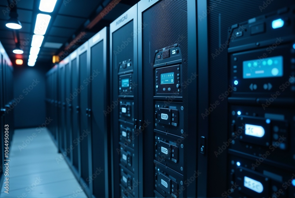 Aufkleber a long row of servers in a server room situated within a data center