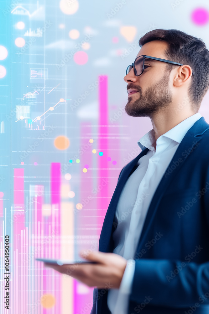 Poster a well-dressed professional is focused on analyzing market data displayed on a futuristic digital in