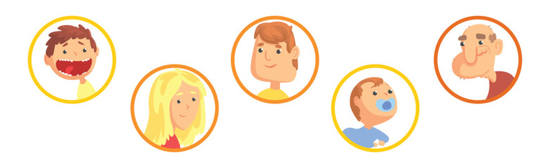 People Head and Face Avatar in Round Frame Vector Set