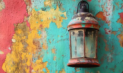 A close-up of an antique lantern with chipped paint hanging on a textured, colorful wall