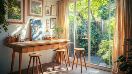 Obraz premium A cozy mid-century garden shed repurposed as an artist's studio