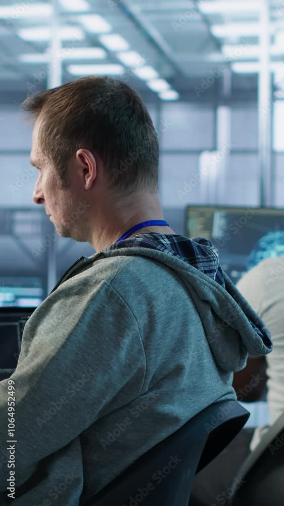 Poster manager admonishing programmer after making error damaging high tech data center. supervisor scoldin