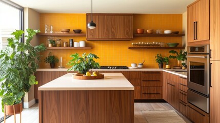 A highly functional mid-century modern kitchen with sleek cabinetry