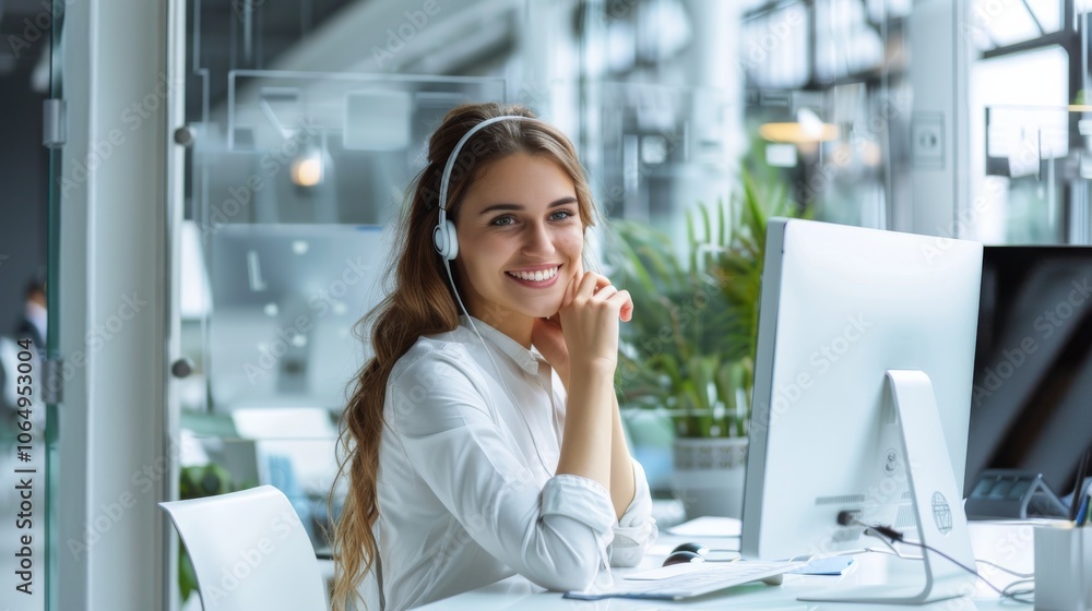Poster a young and cheerful businesswoman wearing a headset is smiling and working on a computer in a moder