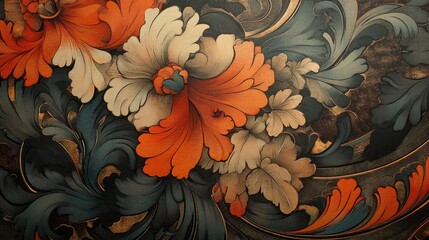 Close-up view of intricate floral wallpaper design inspired by Mucha, highlighting detailed patterns and textures, ideal for backgrounds with ample copy space.