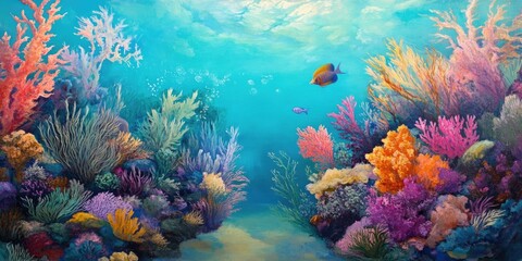 Obraz premium Coral set against a turquoise backdrop showcases the lively and colorful life found under the sea, highlighting the vibrant underwater ecosystem.