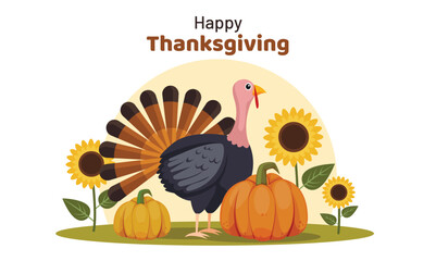 Happy Thanksgiving Day Banner Design with Cartoon Turkey Bird Character, Pumpkins and Sunflowers on White Background.