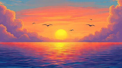 Tranquil sunset over the ocean captures birds gliding peacefully in the sky, creating a serene atmosphere. This sunset image offers ample space for text or graphics.