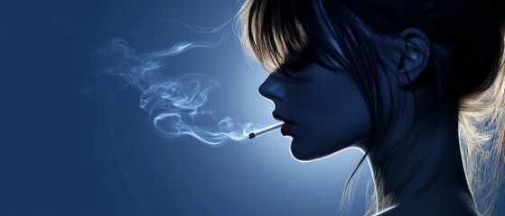 Silhouette of refined woman smoking, her elegance highlighted by gentle smoke trails in dramatic lighting, embodying classic allure
