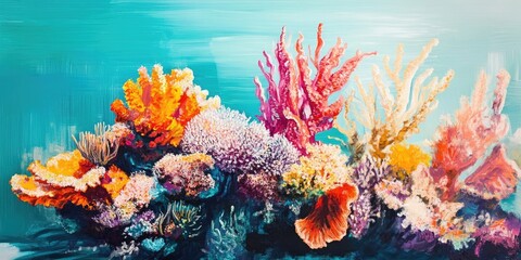 Obraz premium Coral set against a turquoise backdrop showcases the lively and colorful life found under the sea, highlighting the vibrant underwater ecosystem.