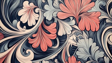 Close-up view of intricate floral wallpaper design inspired by Mucha, highlighting detailed patterns and textures, ideal for backgrounds with ample copy space.