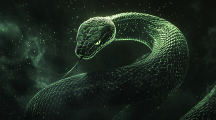 Imposing green King Cobra with intricate scales and glowing eyes