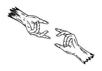Obraz premium Two hands reaching out to each other, drawing cartoon doodle vector.