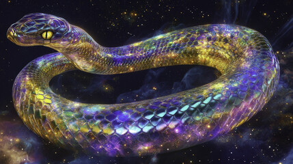 Fototapeta premium iridescent King Cobra slithering through cosmic space backdrop
