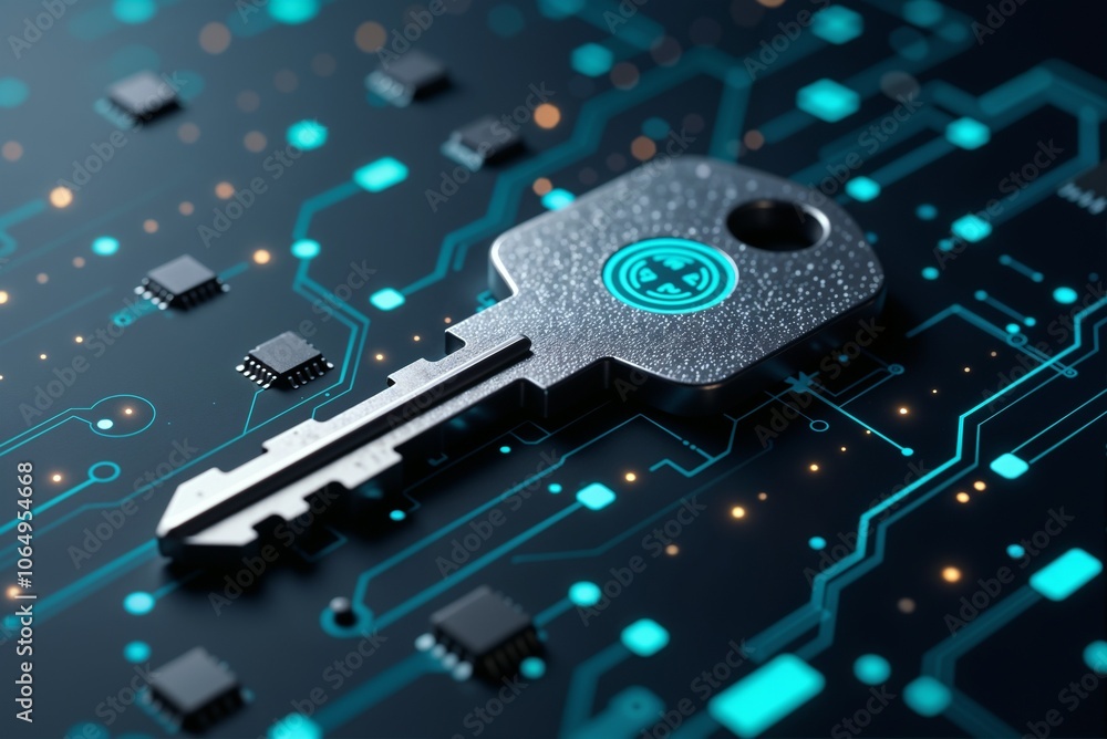 Poster a key is placed on top of a computer motherboard for reference