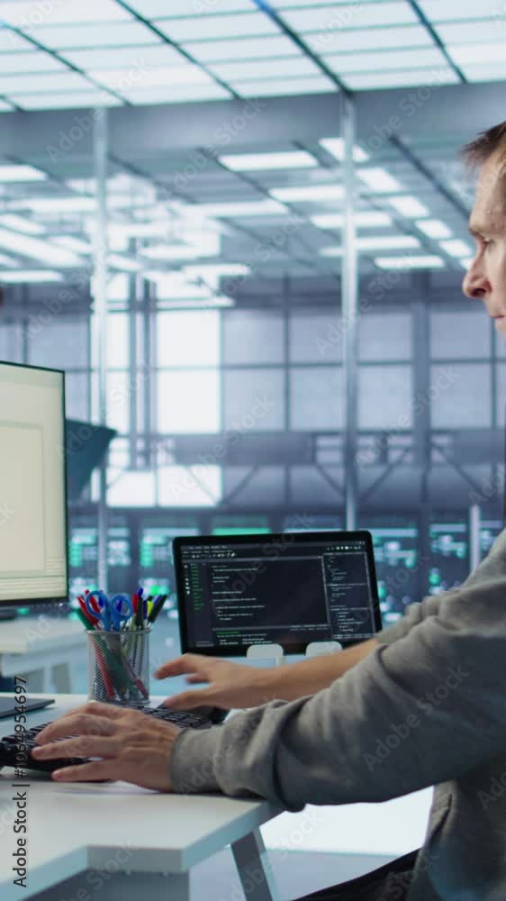 Aufkleber engineer starting job shift in server hub used for processing vast amounts of data. it programmer ar