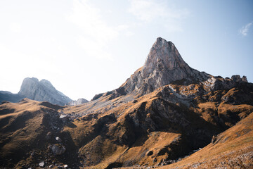 Fototapeta premium Spectacular high mountain landscape on a clear day. High peaks with snow on top