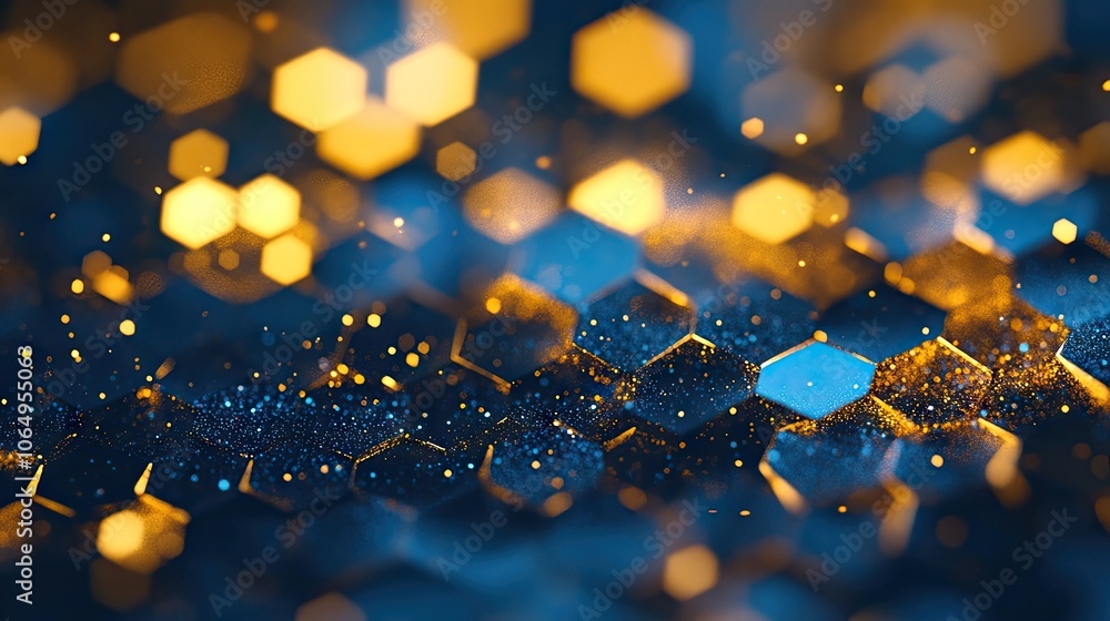 Poster abstract hexagonal design with glitter in blue and gold tones creates a captivating background. the 