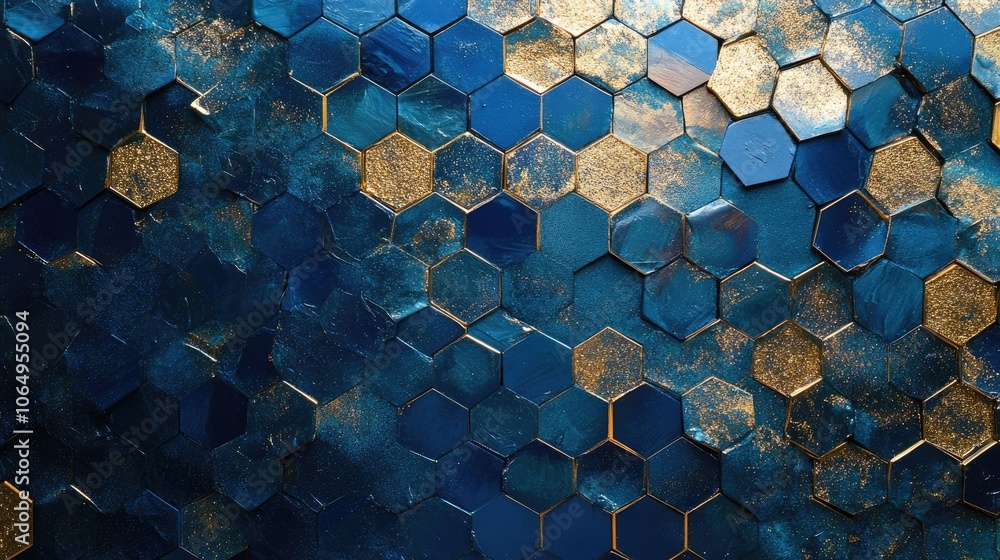 Poster abstract hexagonal design with glitter in blue and gold tones creates a captivating background. the 