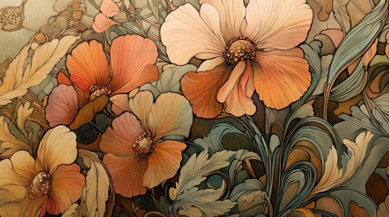 Close-up view of intricate floral wallpaper design inspired by Mucha, highlighting detailed patterns and textures, ideal for backgrounds with ample copy space.
