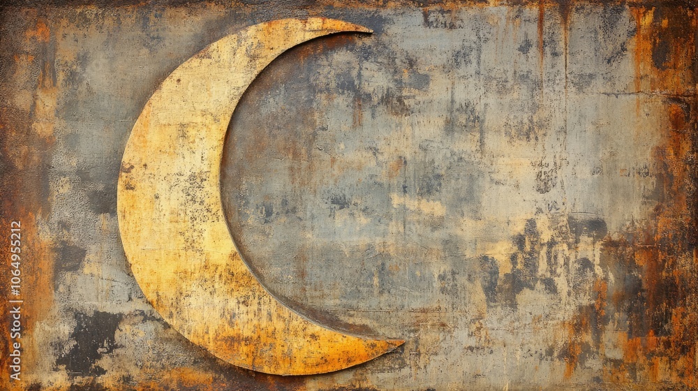 Poster grunge texture of half moon shape on a wall panel combines cement and rusty metal, creating a unique